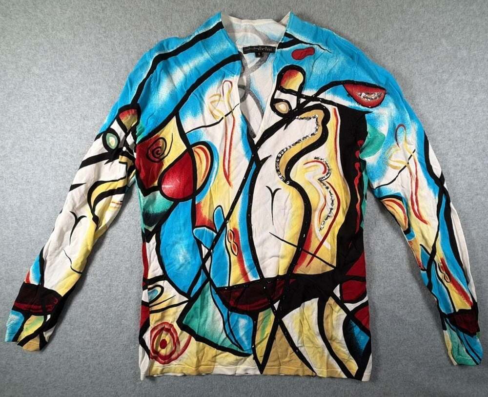 Pierri New York Abstract Picasso Print Beaded Long Sleeve Cardigan